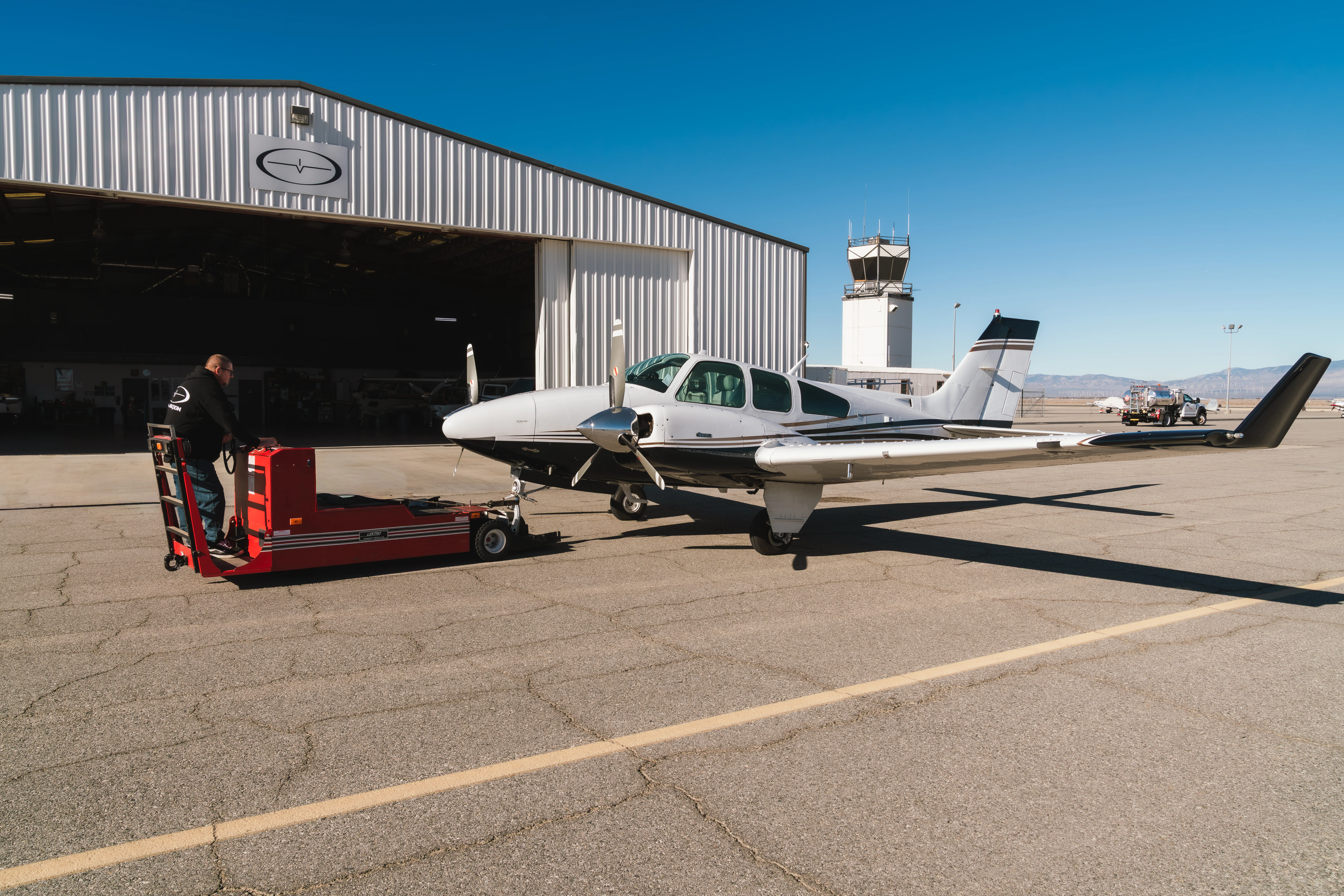 Aircraft being pulled at MH Aviation at Lancaster, California