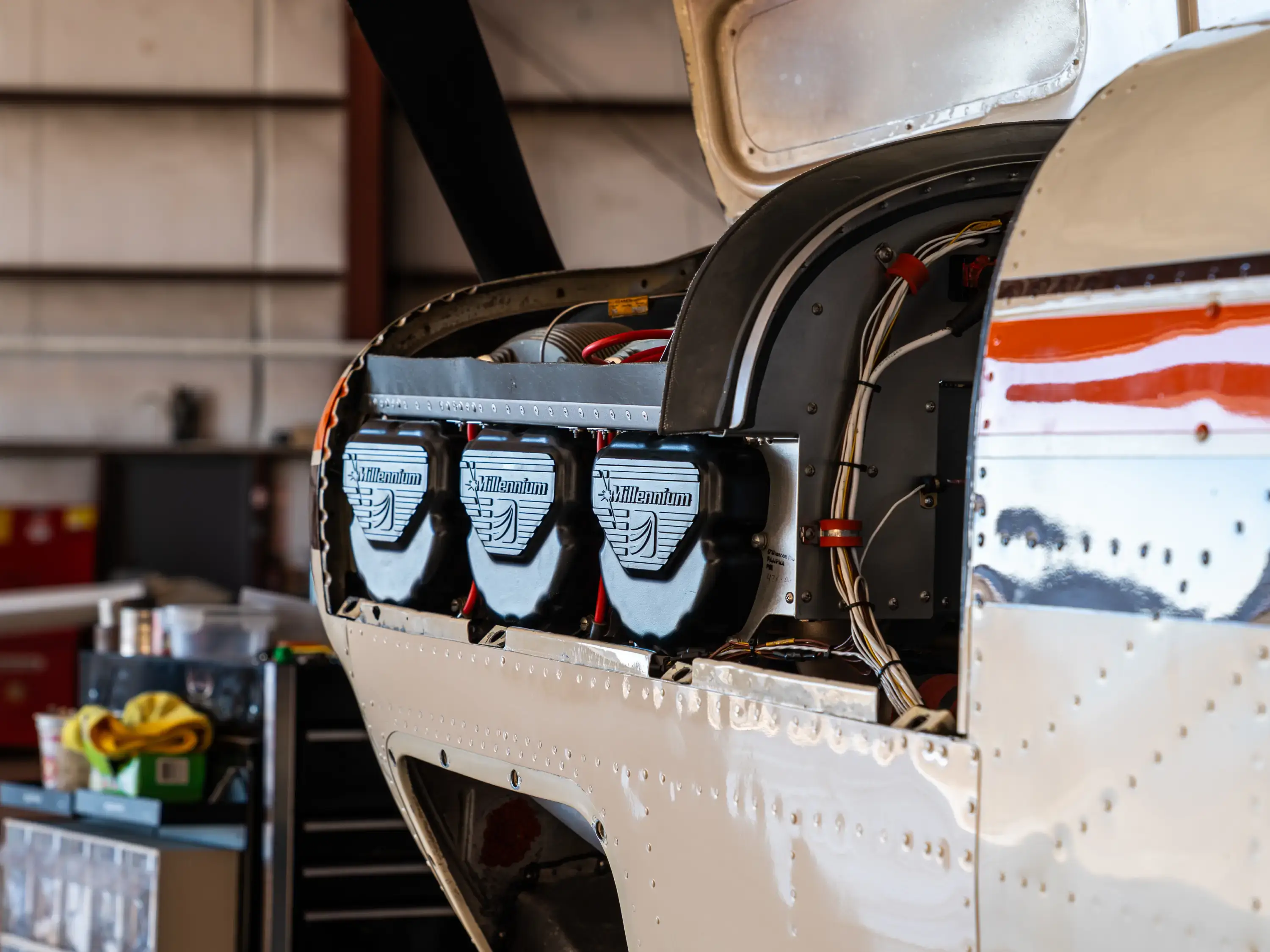 Close-up of aircraft engine maintenance at MH Aviation's Part 145 repair station