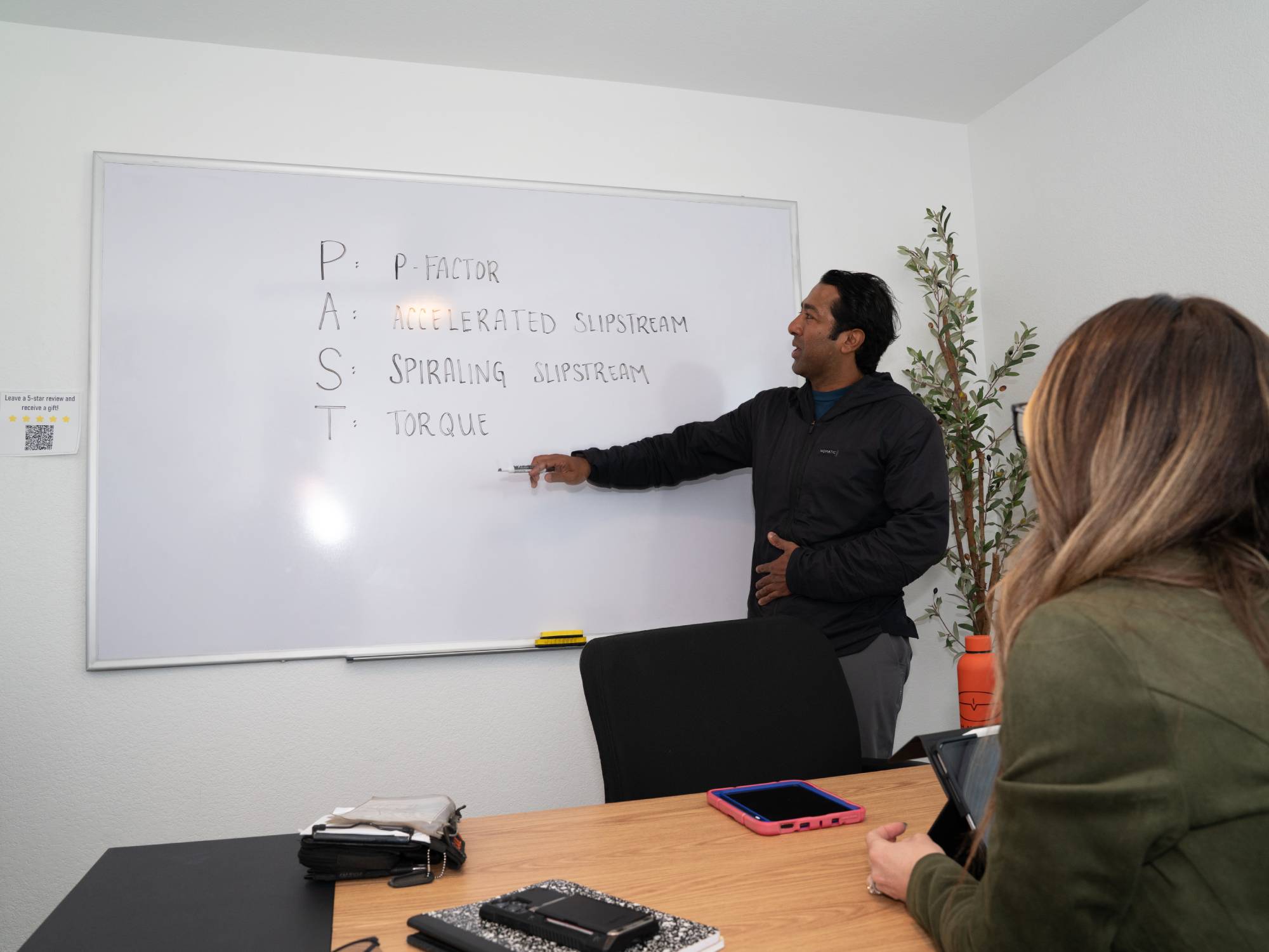 Certified Flight Instructor drawing on white board for private pilot student at Lancaster, CA