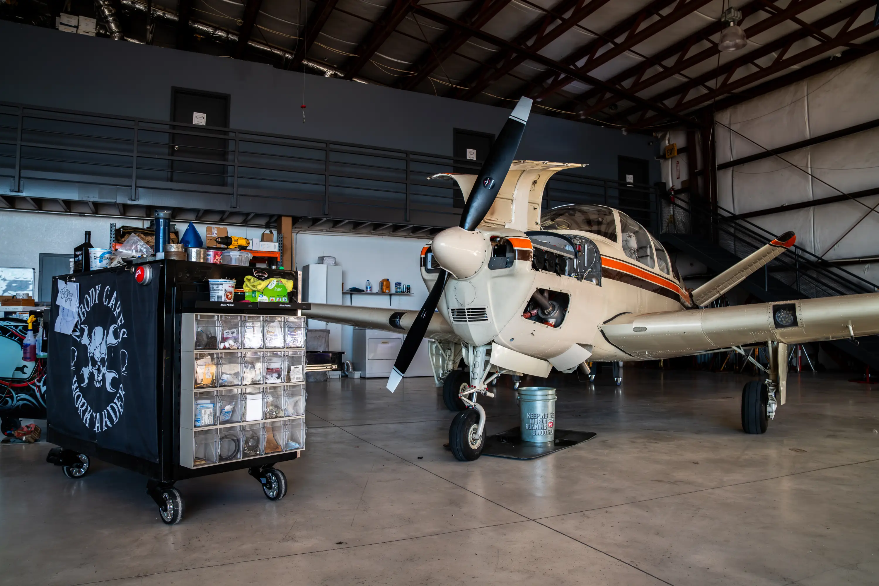 Aircraft engine open for inspection at MH Aviation repair station at Fox Field in Lancaster, California